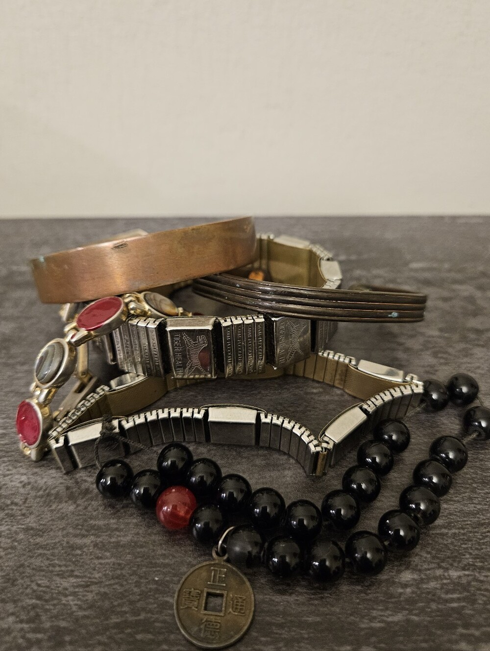 Vintage Bracelet Lot - Tiger Health Magnetic, Copper Cuff & Feng Shui Charm